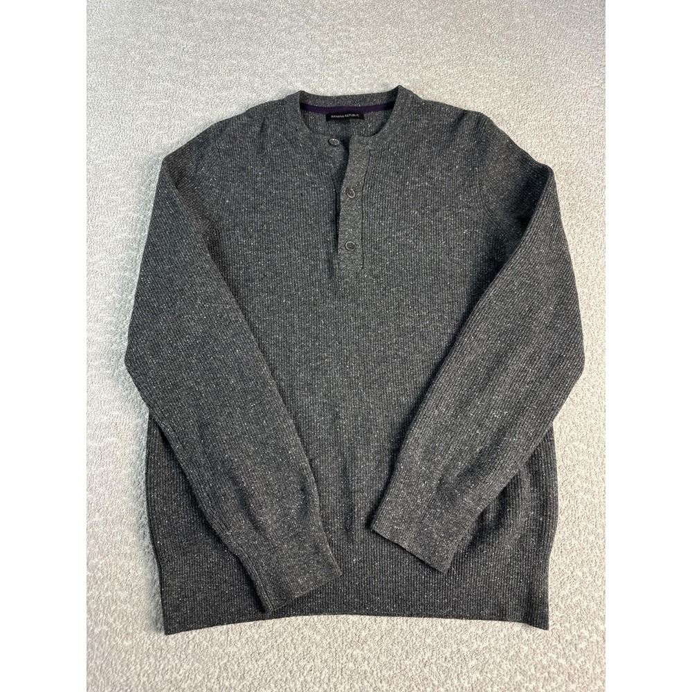 Banana Republic‎ Sweater Mens Large Gray Wool Silk Henley Crewneck Knit Pullover